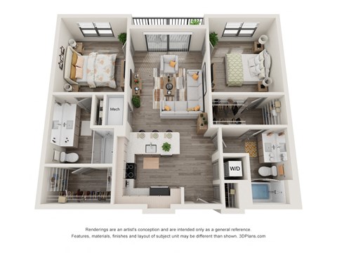 Floor plan for 2 beds, 2 baths, 1057 sqft